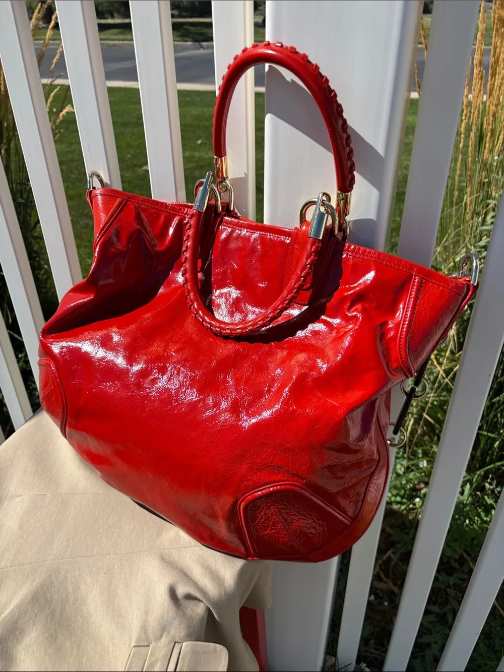 Bally Made in Switzerland Tomato Red Patented Leather Large Handbag, Gorgeous